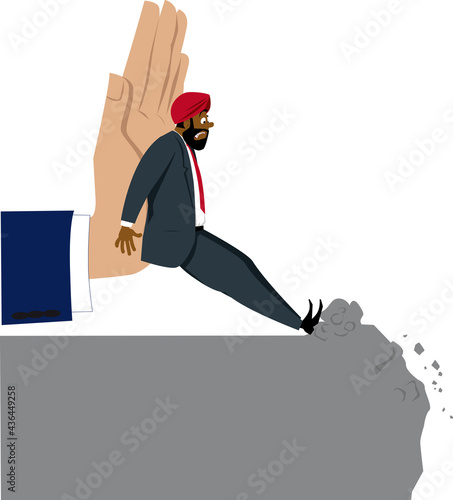 Giant managerial hand pushing an immigrant employee to an abyss, EPS 8 vector illustration