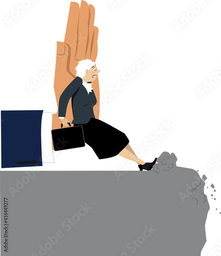 Giant managerial hand pushing an elderly female employee to an abyss, EPS 8 vector illustration