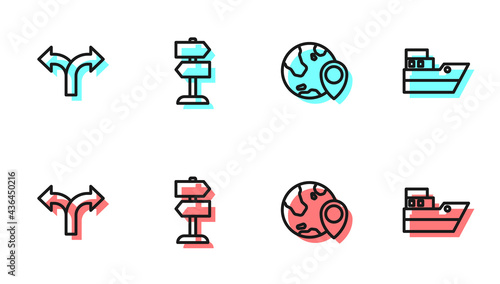 Set line Location on the globe, Road traffic sign, and Ship line path icon. Vector