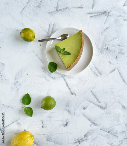 Lemon cheesecake  slice, top view, copy space.