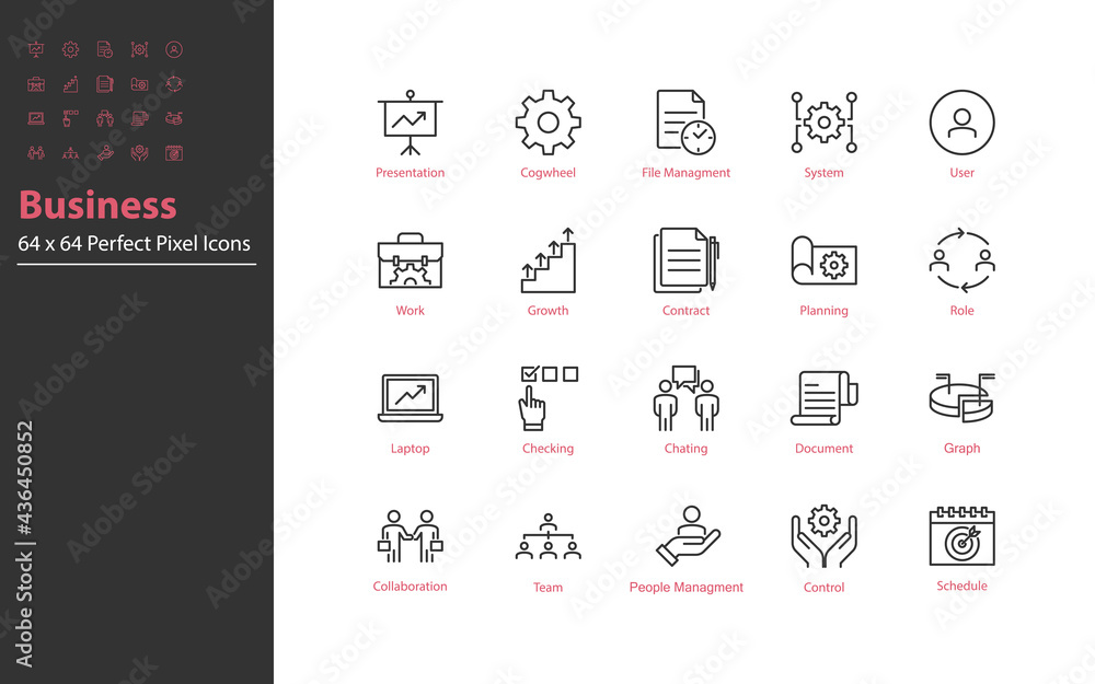 set of business thin line icons 64x64 px, managment, business people, organization