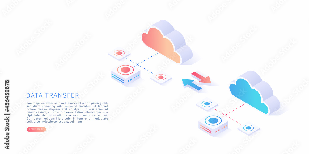 Data transfer concept in isometric vector illustration. Data transfer, file receiver and backup on cloud storage. Vector illustration.