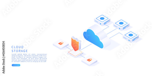 Cloud storage concept in isometric vector illustration. Digital service or app with data transfering. Digital server, database and cloud computing service. Vector illustration.