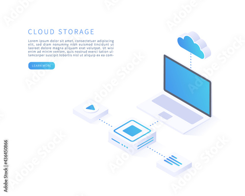 Cloud storage concept in isometric vector illustration. Digital service or app with data transfering. Digital server, database and cloud computing service. Vector illustration.