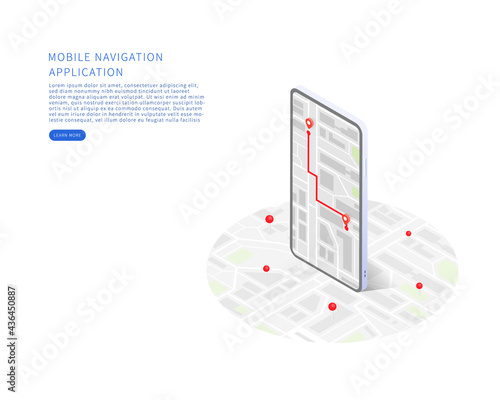 Mobile navigation application in isometric vector illustration. City isometric plan with buildings, road, gps tracking on smartphone. Map on mobile application. Vector illustration.