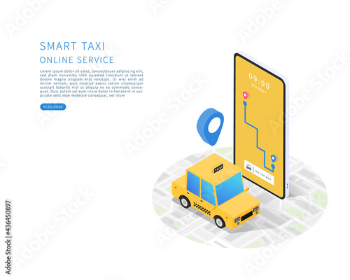 Smart taxi. Online taxi service concept. Flat isometric vector with taxi car, map and smartphone. Vector illustration.