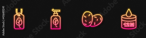 Set line Potato, Vegan food diet, Organic cosmetic and . Glowing neon icon. Vector