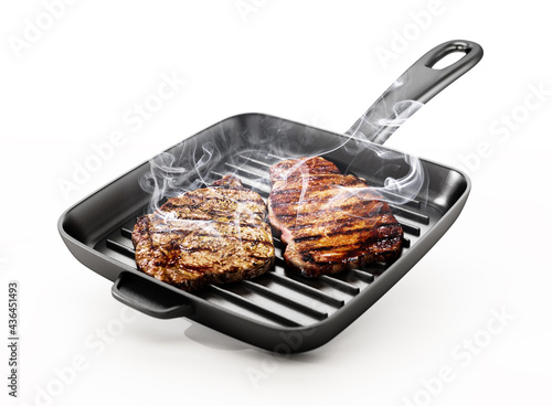 Grilled steaks in hot frying pan. 3D illustration