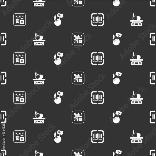 Set Scanner scanning bar code, Electronic scales for product, QR and Supermarket food products with price label on seamless pattern. Vector