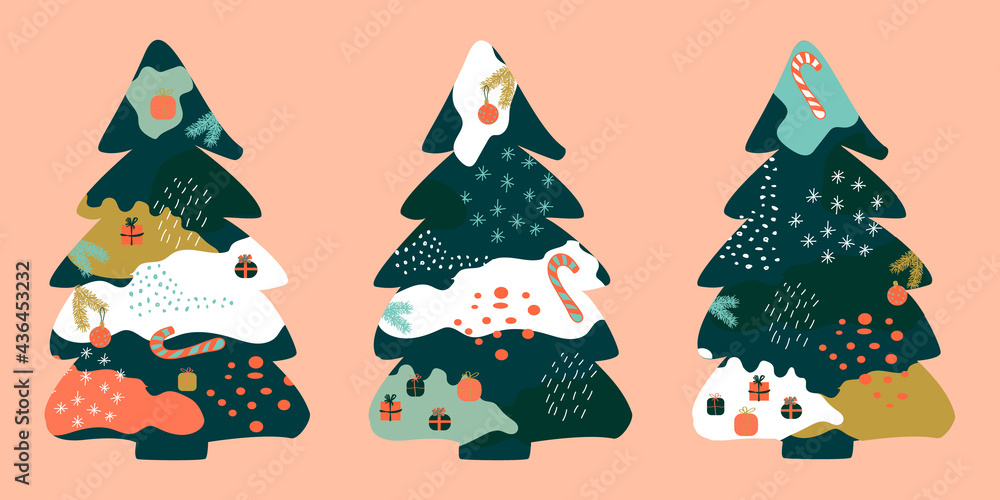 Contemporary trendy Christmas tree. Set of Vector abstract spruces with spots, gifts, candy, fir branches and snowflakes, curve and lines. Ideal for Merry Christmas and Happy New Year cards, poster