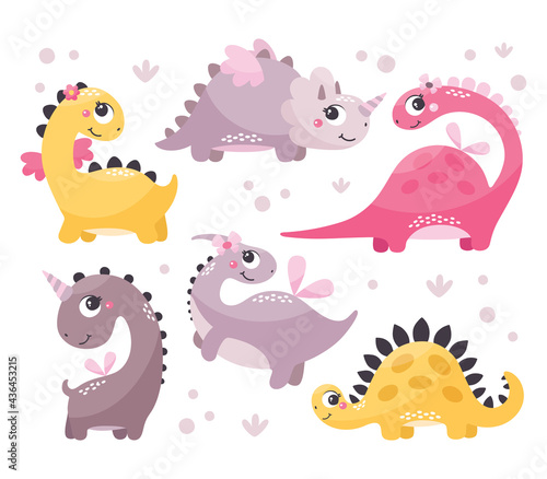 Cute wild vector set with Dinosaur Girls in trendy colors