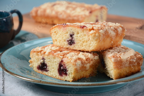 German cherry cake with vanilla and icing sugar  with glaze  served and sliced on plate