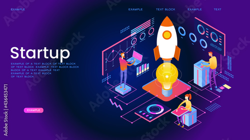 Startup management isometric concept banner. The work of a person to achieve a goal. Startup concept. New product on the market. 