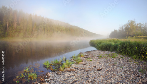Morning fog over the river in summer near the forest