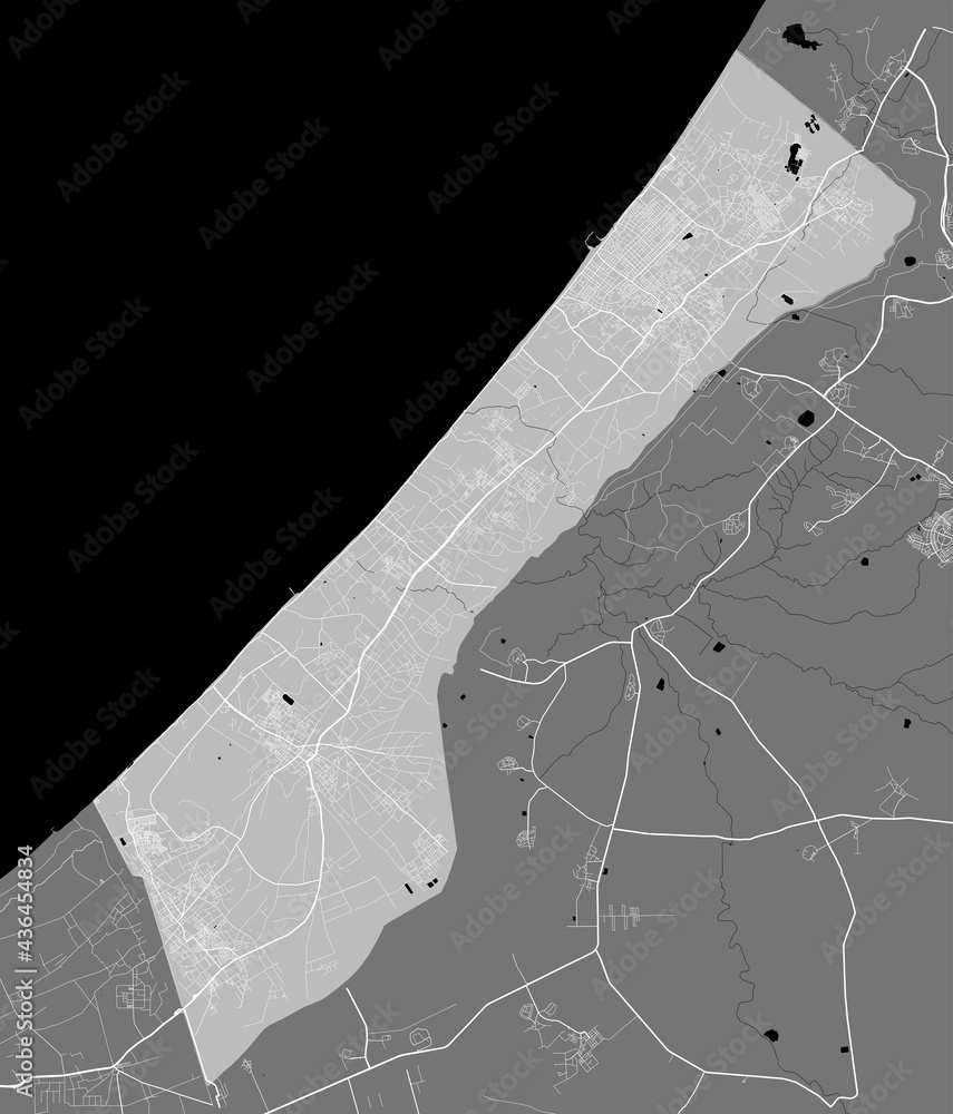Detailed map of Gaza Strip, linear print map, land panorama. Black and white. - obrazy, fototapety, plakaty 