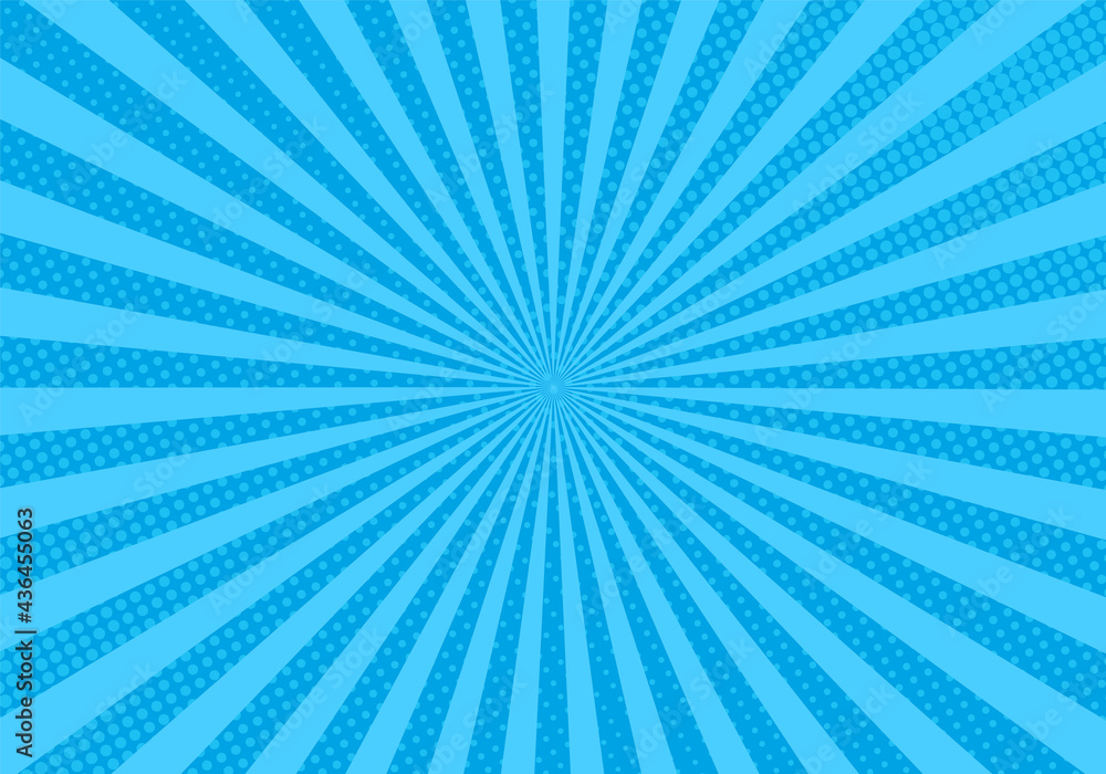 Fototapeta premium Pop art background. Comic halftone texture. Blue starburst pattern with beams and dots. Vintage duotone effect. Retro sunshine banner. Cartoon superhero print. Vector illustration.