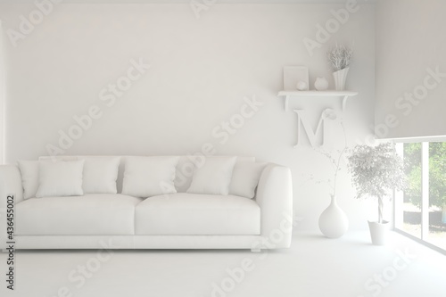 White minimalist living room with sofa. Scandinavian interior design. 3D illustration