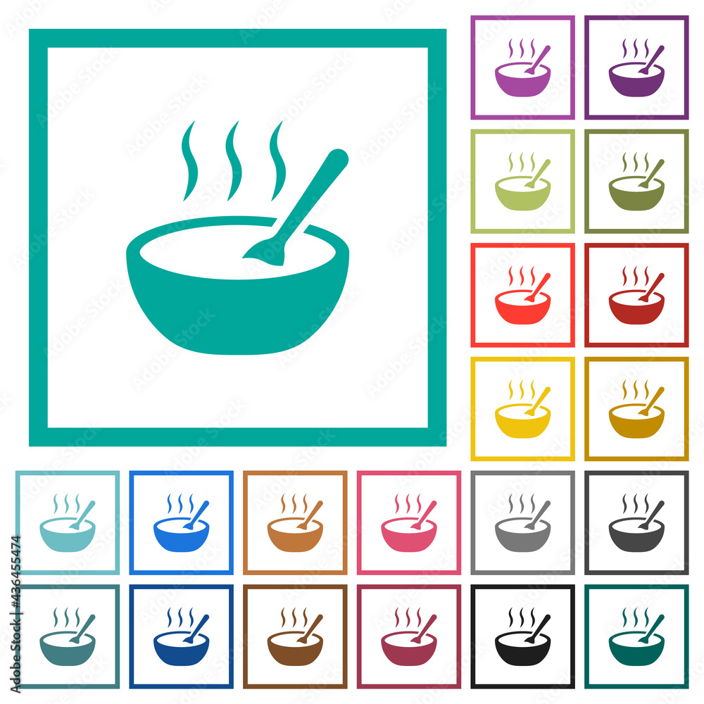 Steaming bowl of soup with spoon flat color icons with quadrant frames Steaming bowl of soup with spoon flat color icons with quadrant frames