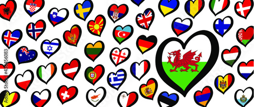 Wales flag and different countries flags with heart flags logo. For Europe, eurovision music song festival, contest. Music songs for vision dreams. Vector euro TV icon pattern. 