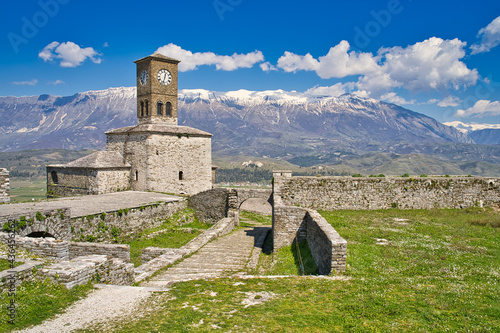 Inside the castle of Gjirokastra with view on the clocktower