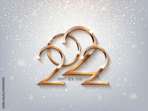 Happy New Year banner vector template. Winter holiday, Christmas congratulations. Festive postcard, luxurious greeting card concept. Gold 2022 number with golden glitter illustration with text space.