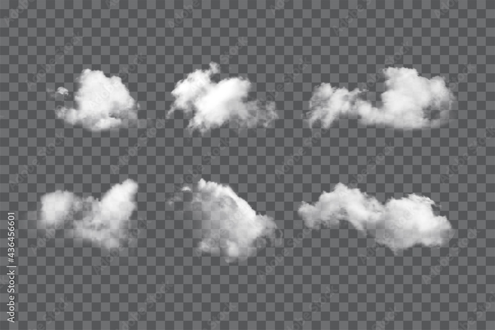 Clouds set on dark transparent background. Realistic fluffy white clouds vector illustration. Cloudy day nature outdoor. Clouds set on dark transparent background. Realistic fluffy white clouds vector illustration. Cloudy day nature outdoor.