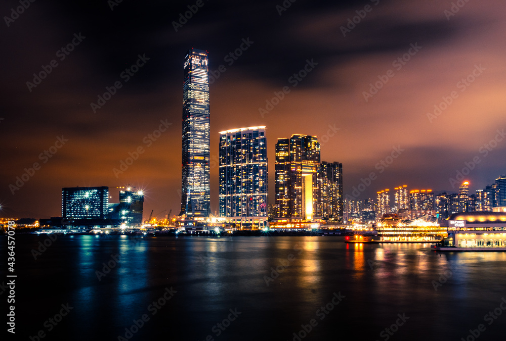 city skyline at night, city lights in downtown Hong Kong