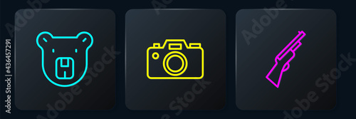 Set line Bear head, Hunting gun and Photo camera. Black square button. Vector