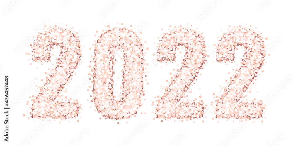 Shiny number 2022 of pink gold glitter or confetti, isolated on a white background. Design for Happy New Year, Merry Christmas, Wedding.