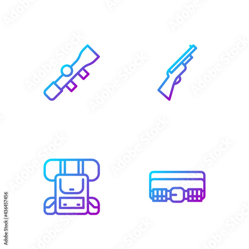Set line Hunting cartridge belt, Hiking backpack, Sniper optical sight and gun. Gradient color icons. Vector