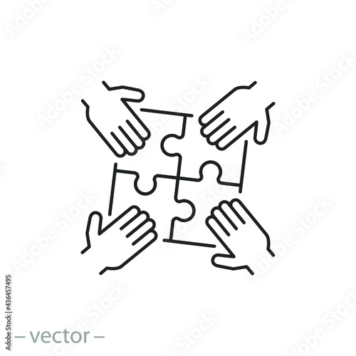 Teamwork or partnership icon. Business puzzle, team challenge. Jigsaw connect, together work. Thin line symbol on white background - editable stroke vector eps10.