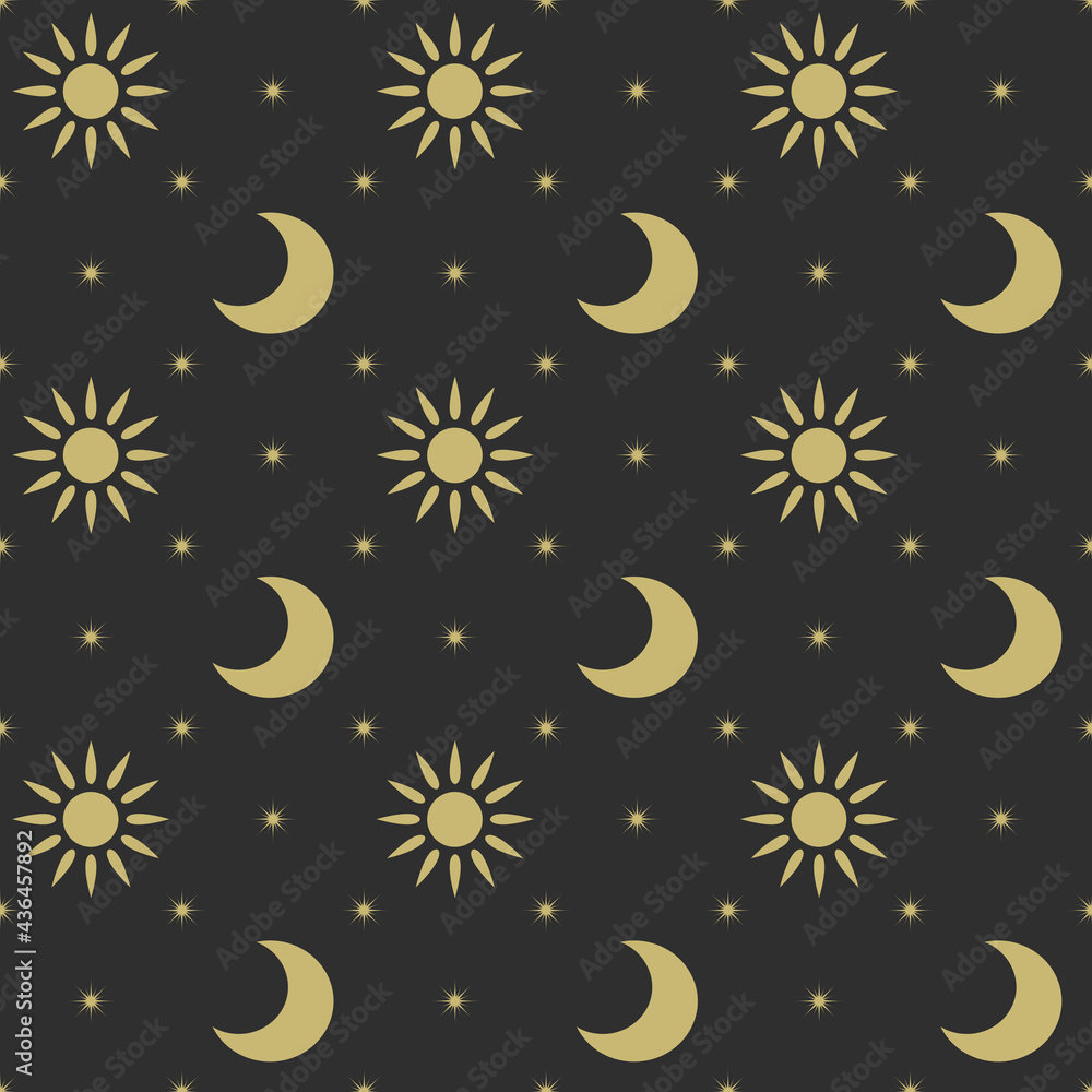 Seamless elegant pattern with sun, moon and stars decoration in rhombus shapes in golden color on black background Seamless elegant pattern with sun, moon and stars decoration in rhombus shapes in golden color on black background