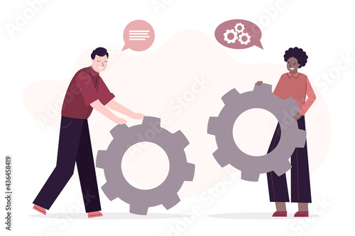 Two office workers holds large gears. Concept of teamwork, cooperation and partnership. Businesspeople collaborate and run joint business