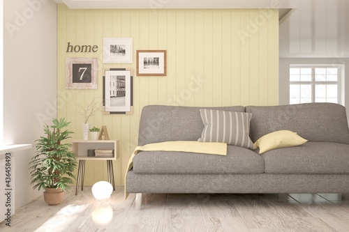 Soft color living room with sofa. Scandinavian interior design. 3D illustration