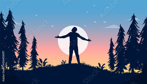 Carefree life - Man standing in front of sun with hands out, enjoying life and freedom. Happiness in nature concept, vector illustration.