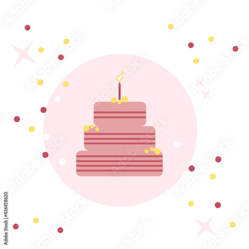 Vector illustration of a cake on a white background. Happy Birthday. Happy anniversary. Strawberry cake with a candle.
