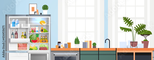 modern kitchen interior empty nobody apartment with open fridge full of fresh food home appliances
