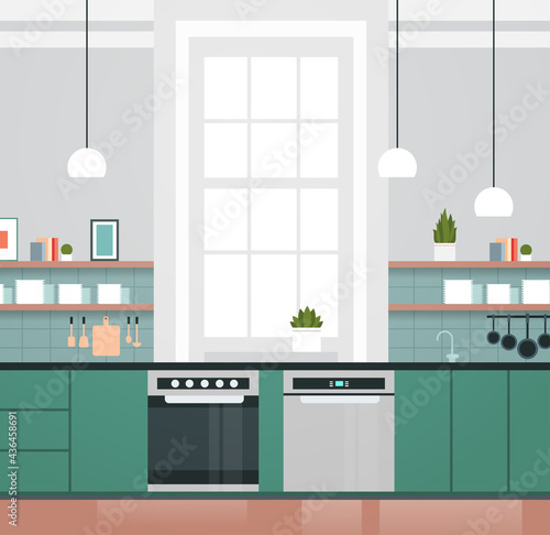 modern kitchen interior with new oven and dishwasher home appliances concept horizontal