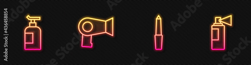 Set line Nail file, Cream or lotion cosmetic tube, Hair dryer and Perfume. Glowing neon icon. Vector