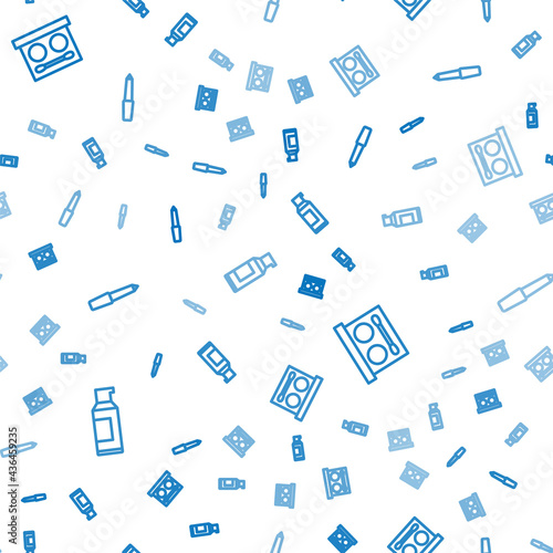 Set line Spray can for hairspray, Eye shadow palette and Nail file on seamless pattern. Vector