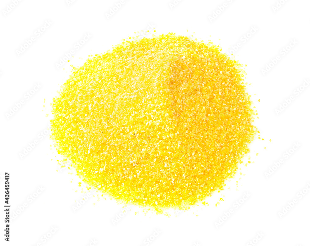 pile of fine ground cornmeal closeup on white pile of fine ground cornmeal closeup on white