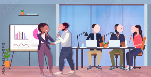 unhappy businesspeople covering face emotions behind positive mask insincerity in business