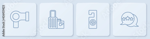 Set line Hair dryer, Please do not disturb, Suitcase and Five stars rating review. White square button. Vector