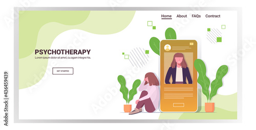 woman visited online psychologist in smartphone screen female psychotherapist consulting depressed patient