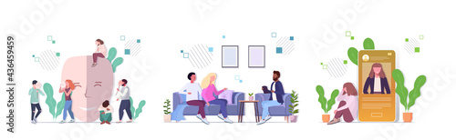 set upset people visiting psychologist depression problems stress psychotherapy concept