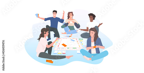 people playing monopoly board game at home mix race friends having fun leisure activity concept