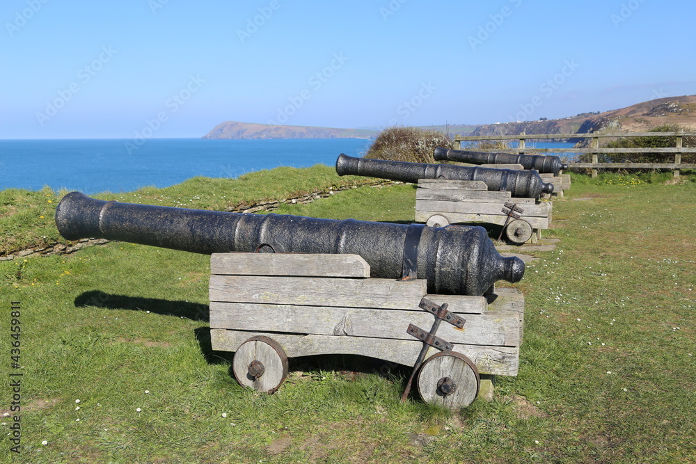 Three canon at the  ruins of an old artillery fort on Castle Point Headland at Fishguard, Pembrokeshire, Wales, UK. 