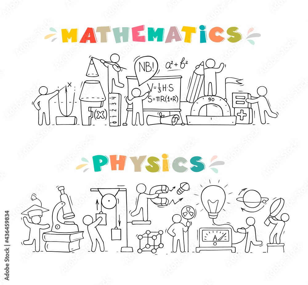 Cartoon set - Math and Physics subjects with little people and education symbols. Doodle cute miniature scene of workers with books, rocket. Hand drawn vector illustration for science design.