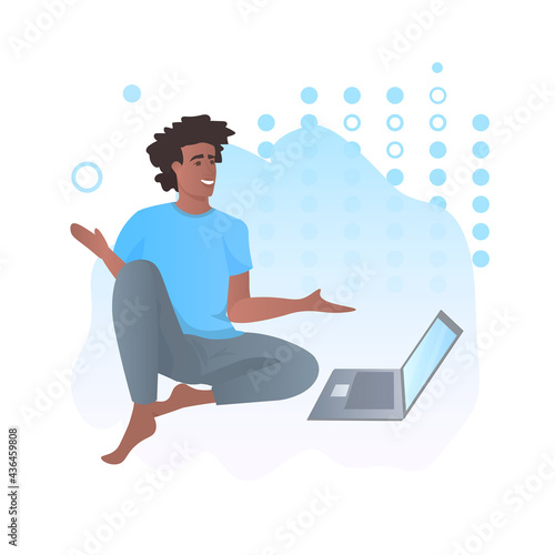 african american man using laptop smiling guy making video call communication concept full length