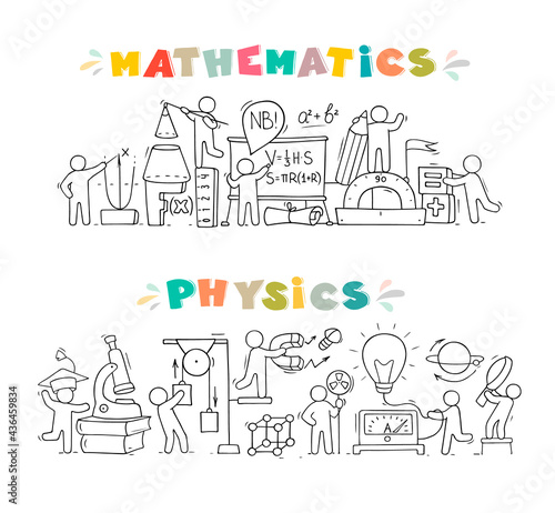 Cartoon set - Math and Physics subjects with little people and education symbols. Doodle cute miniature scene of workers with books, rocket. Hand drawn vector illustration for science design.